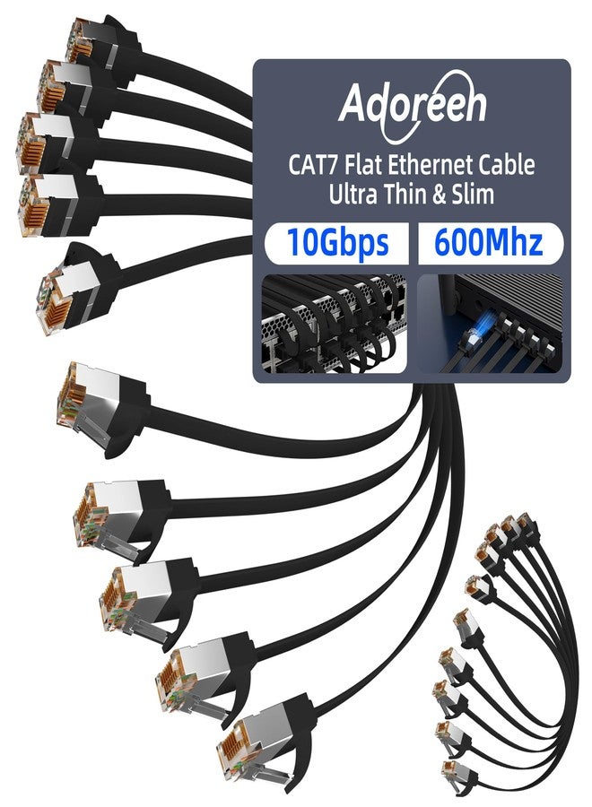 Adoreen Cat 7 Flat Ethernet Cable 0.6 Ft/10 Pack, High-Speed Shielded Internet Network Cable with Low Profile&Compact RJ45 Connector, Thin Slim Short Cat 6E 6A Patch Cord,S/FTP,POE,10Gbps 600MHZ,Black - Image 1